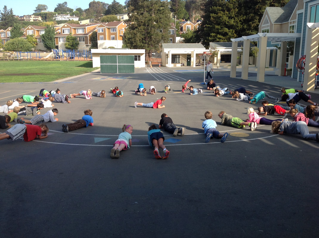 2 full classes of young children performing the plank warm up exercise with a student leader in the middle